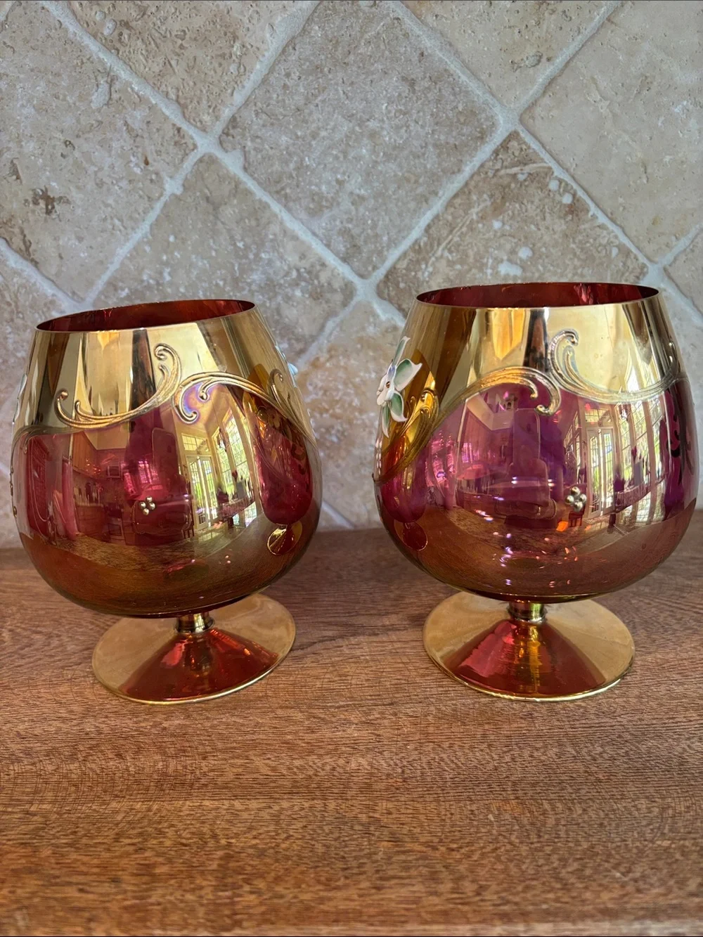 Vintage Bohemian/Czech Hand-Painted Floral Brandy Glasses - Set of 2